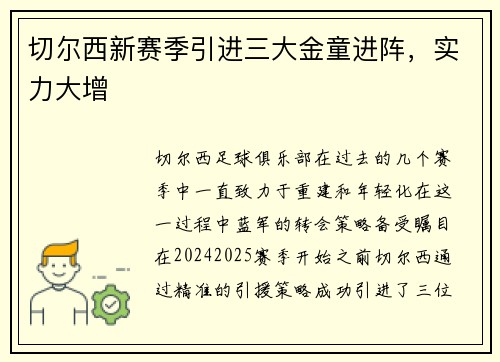 切尔西新赛季引进三大金童进阵，实力大增
