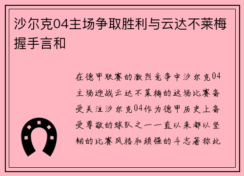 沙尔克04主场争取胜利与云达不莱梅握手言和