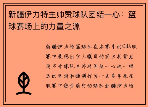 新疆伊力特主帅赞球队团结一心：篮球赛场上的力量之源