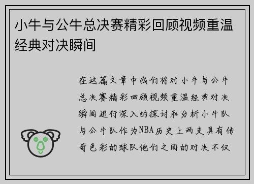 小牛与公牛总决赛精彩回顾视频重温经典对决瞬间