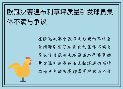 欧冠决赛温布利草坪质量引发球员集体不满与争议