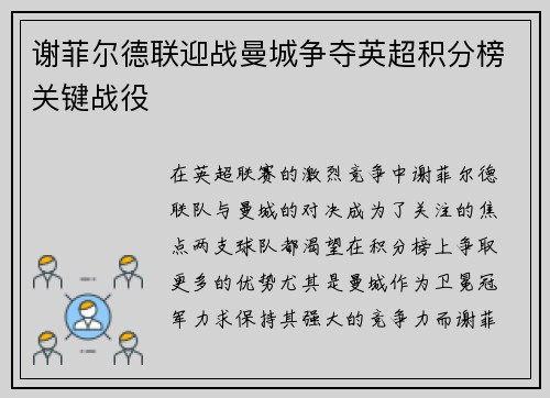 谢菲尔德联迎战曼城争夺英超积分榜关键战役