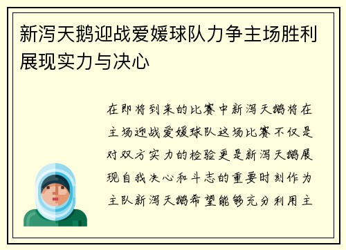 新泻天鹅迎战爱媛球队力争主场胜利展现实力与决心