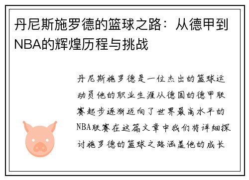 丹尼斯施罗德的篮球之路：从德甲到NBA的辉煌历程与挑战