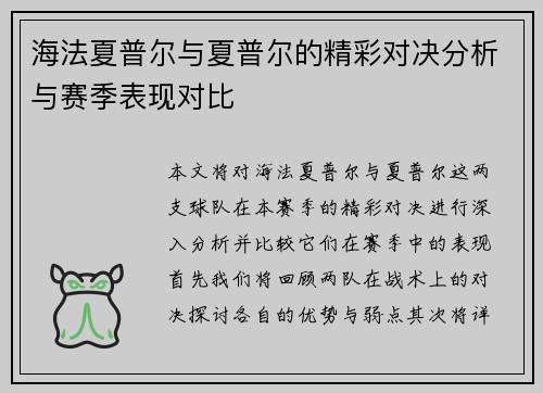 海法夏普尔与夏普尔的精彩对决分析与赛季表现对比