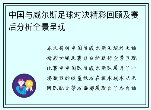 中国与威尔斯足球对决精彩回顾及赛后分析全景呈现
